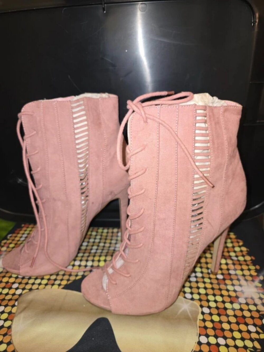 Pink Suede Lace‑Up Peep‑Toe Booties – Stiletto Heel
